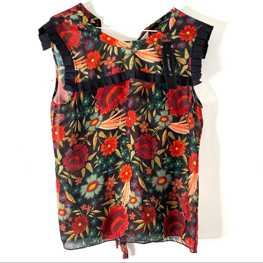 Calvin Rucker Red Floral Black Pleated Trim Blouse Cut Out Back Tie Neck Top NWT